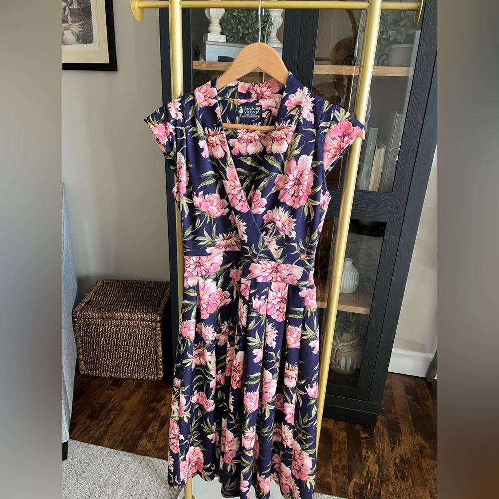 Vintage Navy Midi Dress with Pink Floral Pattern